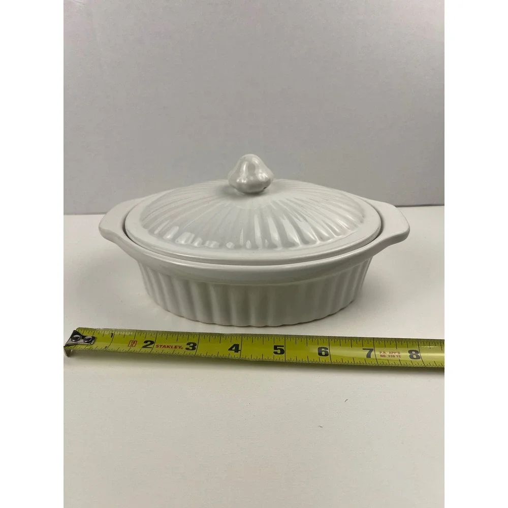 Vintage White Japan Covered Casserole‎ Dish Oven Proof Oval Lid Stoneware Ribbed